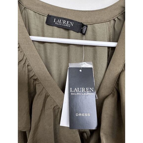 NWT Lauren Ralph Lauren Womens Olive Green Satin Ruffle Tiered Dress Size 4 - Picture 5 of 9